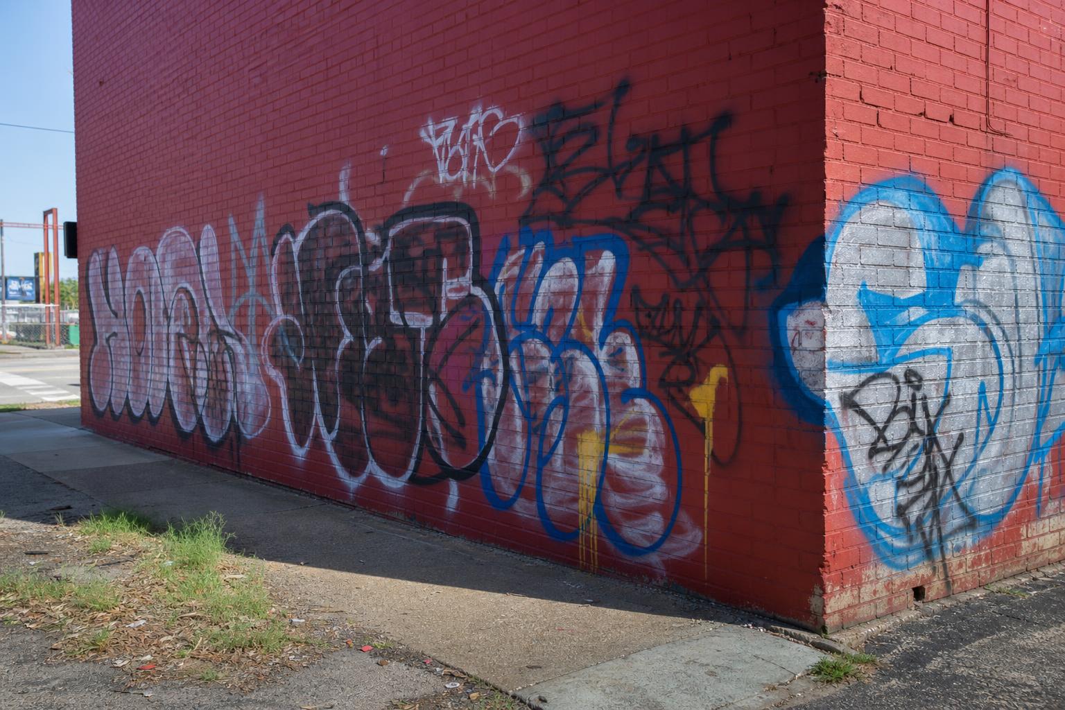 Graffiti removal from brick wall in Dallas, before and after dustless blasting (before)