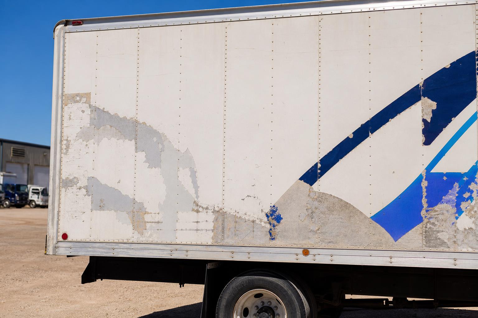 Commercial trailer stripped to bare aluminum, before and after blasting (before)