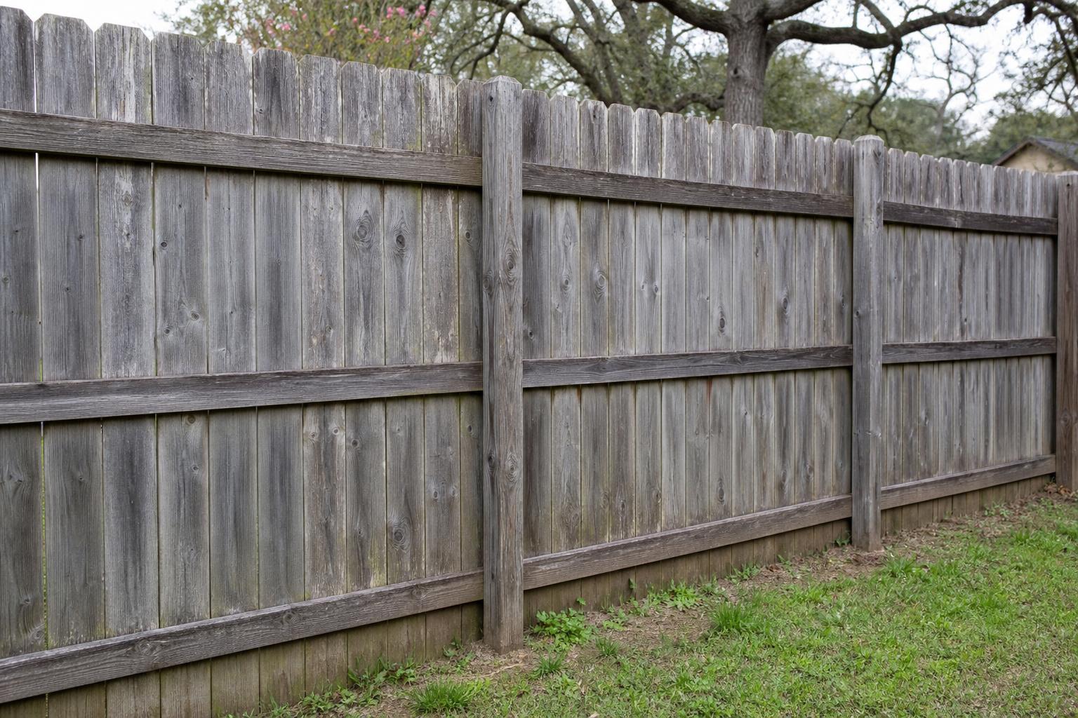 Weathered cedar fence restored to raw wood, before and after dustless blasting (before)